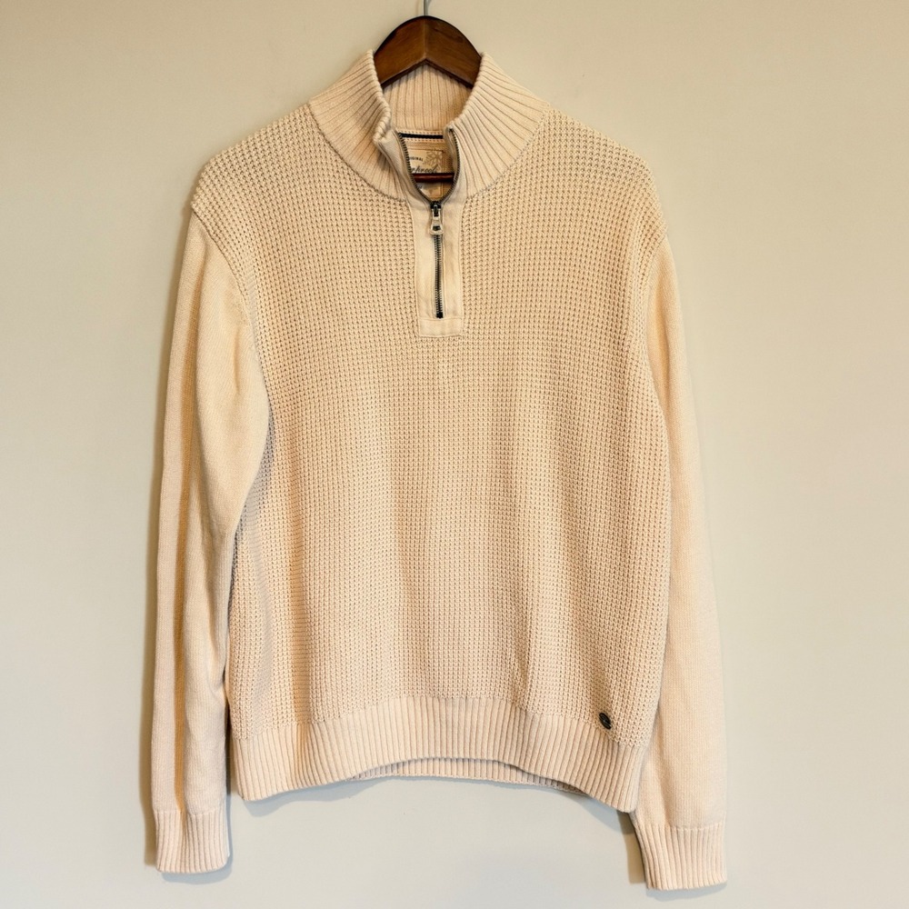 Weatherproof Vintage Mens Large Cream Waffle Knit Quarter Zip Pullover Sweater